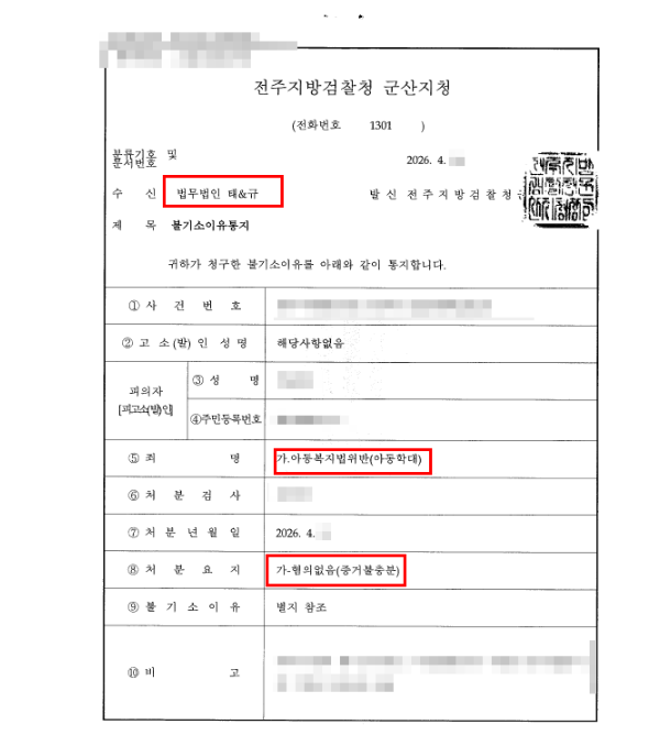 불기소 이유통지 일부